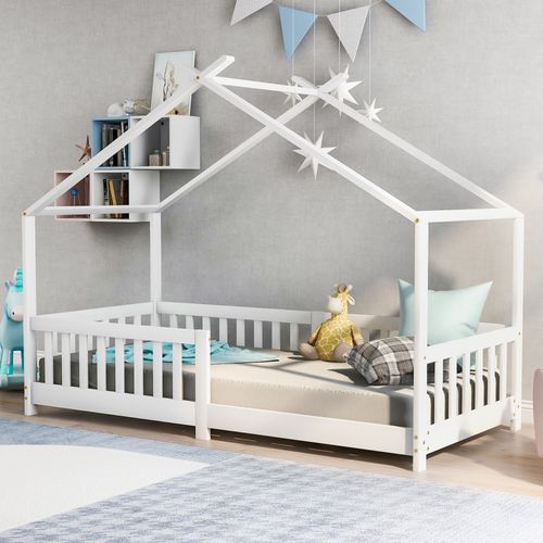 Lit Cabane Enfant 90x200 Cm En Bois Avec Barrières Et Sommier, Style Maison – Blanc