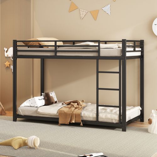 Lit Superposé Enfant 90x200 Cm En Métal, Structure Solide Avec Barrière De Sécurité, Noir