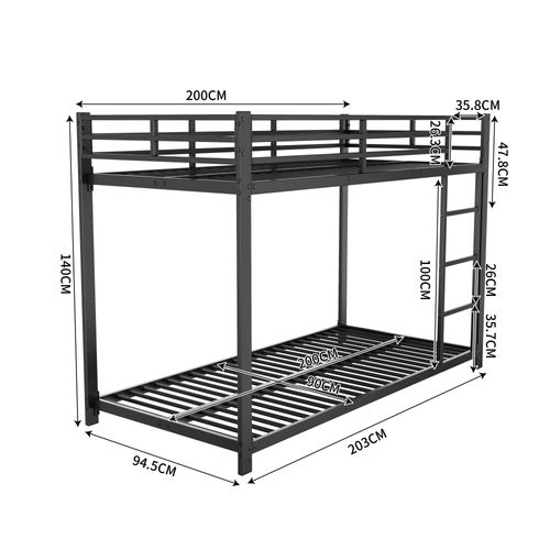 Lit Superposé Enfant 90x200 Cm En Métal, Structure Solide Avec Barrière De Sécurité, Noir