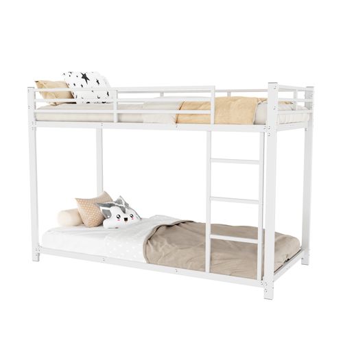 Lit Superposé 90x200 Cm En Métal Pour Enfants, Structure Solide Avec Barrière De Sécurité, Blanc