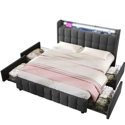 Lit Adulte 180x200 cm Avec LED, Prises, USB, 4 Tiroirs, Lin, Gris