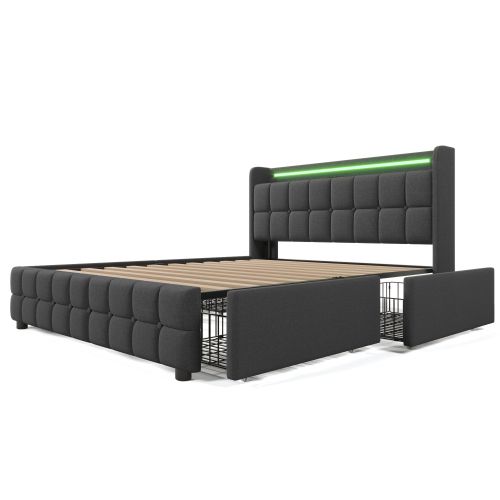 Lit Adulte 180x200 cm Avec LED, Prises, USB, 4 Tiroirs, Lin, Gris