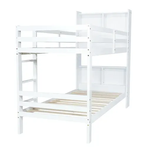 Lit Superposé 90x200 Cm Avec Étagères, Rangement Intégré, En Bois, Blanc