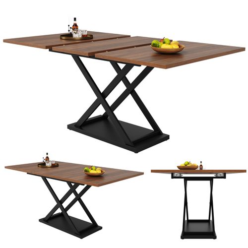Table à Manger Extensible 120/160x80x75cm, Pieds Croisés En Fer Noir, Noyer + Noir