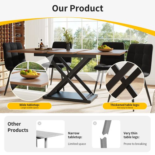 Table à Manger Extensible 120/160x80x75cm, Pieds Croisés En Fer Noir, Noyer + Noir