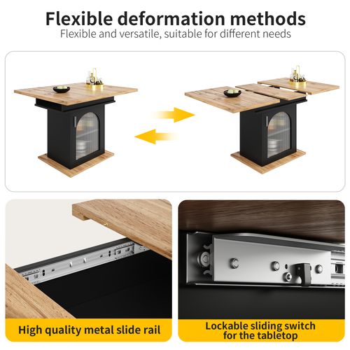 Table à Manger Extensible 110/140x80x76cm, Avec Espace De Rangement, Couleur Bois D'origine + Noir