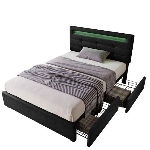 Lit Enfant 90x200 Cm Avec Tête De Lit LED RGB Et Tiroirs | Rangement, Hauteur Réglable, Revêtement PU Blanc