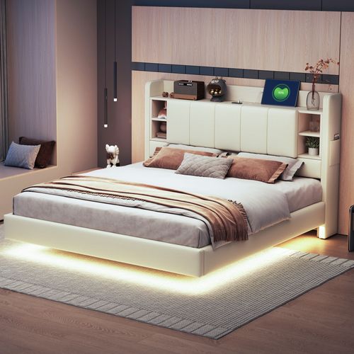 Lit 160x200 Lit Adulte Tissu Lin, Tête De Lit Avec Rangement + USB+led, Beige