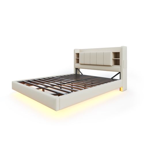 Lit 160x200 Lit Adulte Tissu Lin, Tête De Lit Avec Rangement + USB+led, Beige