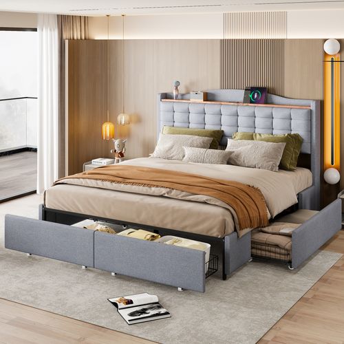 Lit Adulte 160x200cm Tissu Lin Avec 4 Tiroirs De Rangement, USB, Gris Clair