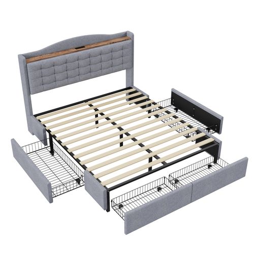 Lit Adulte 160x200cm Tissu Lin Avec 4 Tiroirs De Rangement, USB, Gris Clair