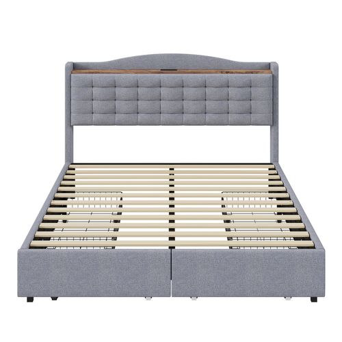 Lit Adulte 160x200cm Tissu Lin Avec 4 Tiroirs De Rangement, USB, Gris Clair
