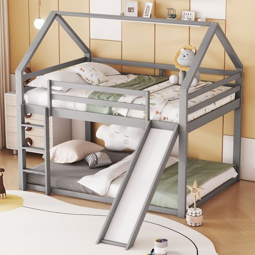 Lit Enfant Superposé 140x200cm Avec Toboggan, 1 Sommier à Lattes, Pin, Gris