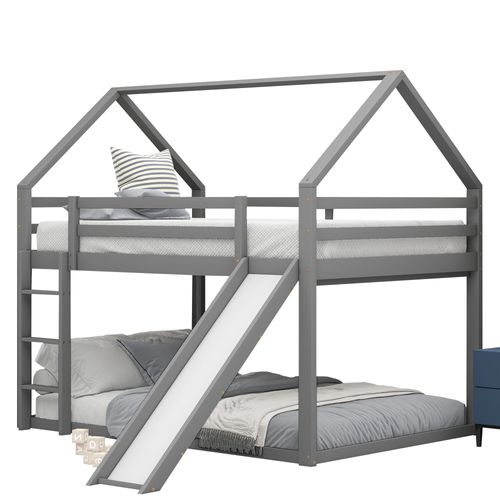 Lit Enfant Superposé 140x200cm Avec Toboggan, 1 Sommier à Lattes, Pin, Gris