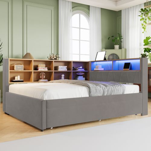 Lit Enfant 140x200cm Avec Lit Gigogne 90x190cm, LED + USB/tape-c ,flanelle, Gris Foncé