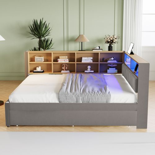 Lit Enfant 140x200cm Avec Lit Gigogne 90x190cm, LED + USB/tape-c ,flanelle, Gris Foncé