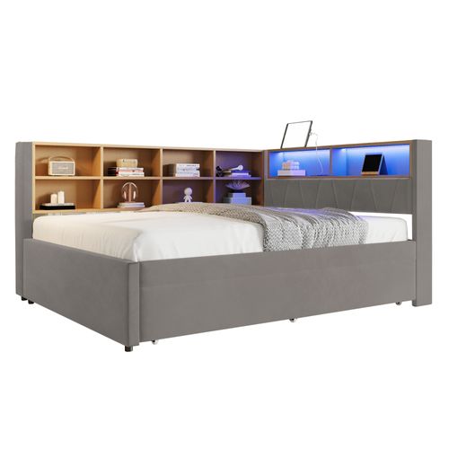 Lit Enfant 140x200cm Avec Lit Gigogne 90x190cm, LED + USB/tape-c ,flanelle, Gris Foncé