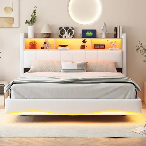 Lit Adulte 160x200cm, LED, USB Et Type-c, Compartiment De Rangement, Lin, Beige