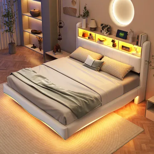 Lit Adulte 160x200cm, LED, USB Et Type-c, Compartiment De Rangement, Lin, Beige