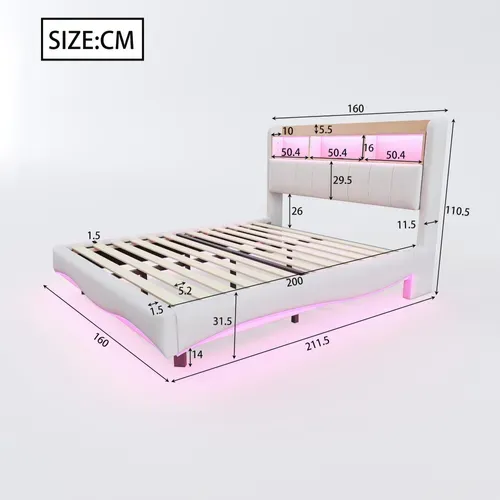 Lit Adulte 160x200cm, LED, USB Et Type-c, Compartiment De Rangement, Lin, Beige