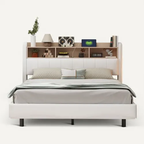 Lit Adulte 160x200cm, LED, USB Et Type-c, Compartiment De Rangement, Lin, Beige