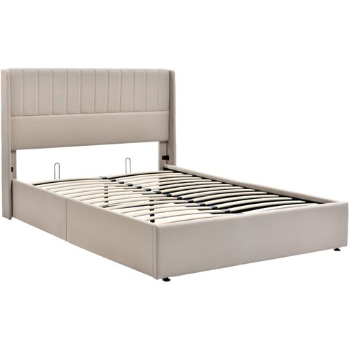 Lit Coffre 160x200 Cm, Cadre De Lit Avec Rangement, Sommier à Lattes, Lin, Beige