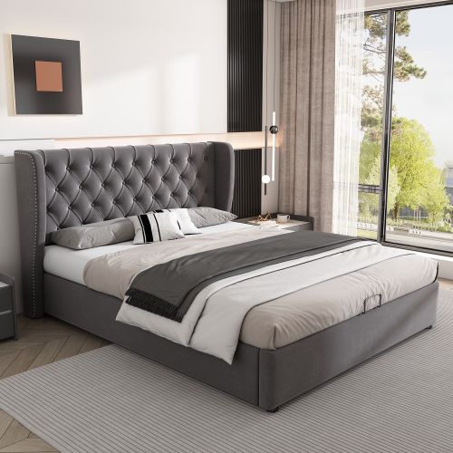 Lit Coffre Adulte 140x190 Cm, Décor Rivets, Sommier à Lattes, En Velours, Gris