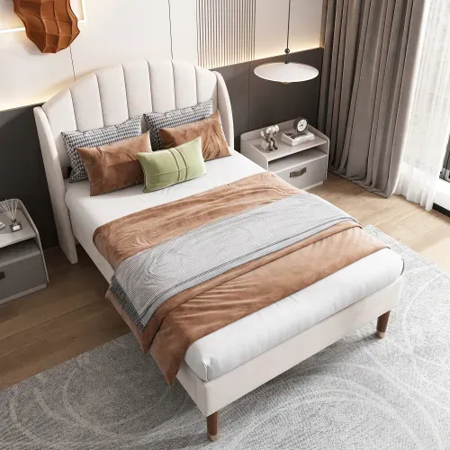 Lit Enfant 90x200 Cm Avec Sommier à Lattes Et Tête De Lit, En Velours, Beige