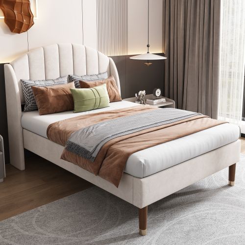 Lit Enfant 90x200 Cm Avec Sommier à Lattes Et Tête De Lit, En Velours, Beige