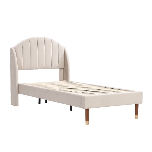 Lit Enfant 90x200 Cm Avec Sommier à Lattes Et Tête De Lit, En Velours, Beige