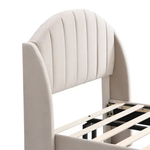 Lit Enfant 90x200 Cm Avec Sommier à Lattes Et Tête De Lit, En Velours, Beige