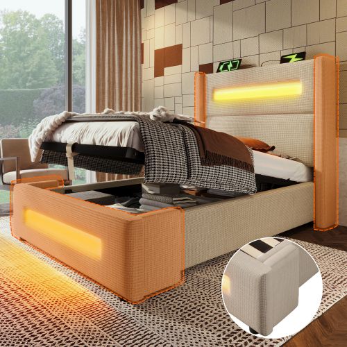 Lit Cofe Capitonné 90 X 200 Cm - Avec éclairage LED - Tête De Lit Réglable - Velours - Beige (matelas Non Inclus