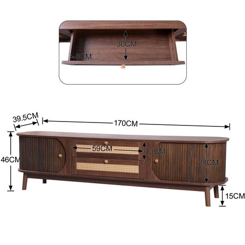 Meuble TV 170cm Avec 2 Portes Et 2 Tiroirs De Rangement, Meubles De Salon Marron