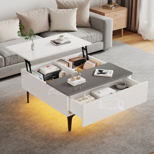 Table Basse LED Carré Blanc Avec Plateau Relevable, 1 Tiroir Et Compartiments Caché