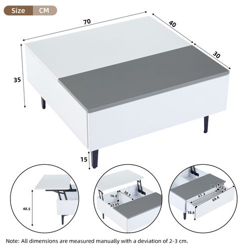 Table Basse LED Carré Blanc Avec Plateau Relevable, 1 Tiroir Et Compartiments Caché