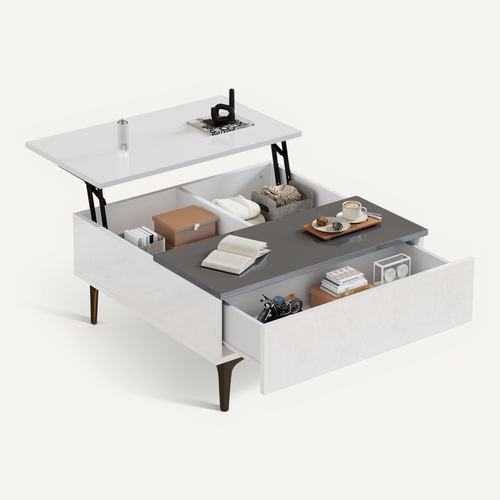 Table Basse LED Carré Blanc Avec Plateau Relevable, 1 Tiroir Et Compartiments Caché