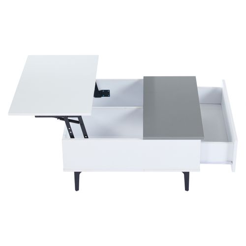 Table Basse LED Carré Blanc Avec Plateau Relevable, 1 Tiroir Et Compartiments Caché