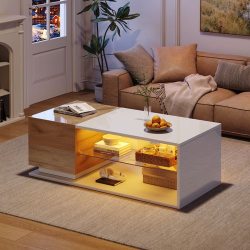 Table Basse Rectangulaire Blanc+naturel LED, Étagère Ouverte En Verre Trempé