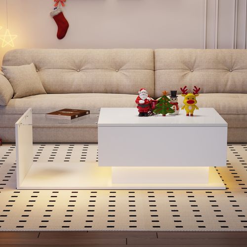 Table Basse Brillante Blanc Avec LED 100x50x32 Cm, Plateau En Verre, 1 Tiroir De Rangement