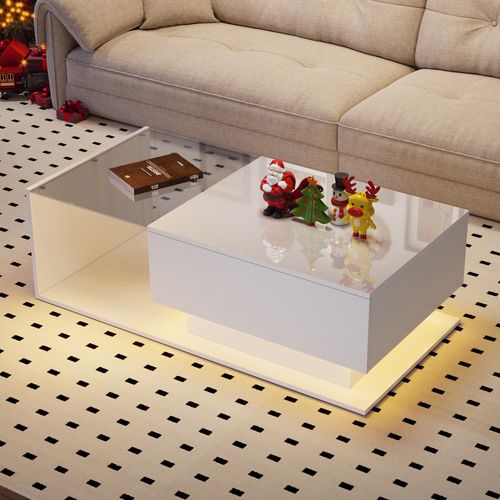 Table Basse Brillante Blanc Avec LED 100x50x32 Cm, Plateau En Verre, 1 Tiroir De Rangement