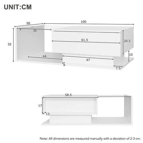 Table Basse Brillante Blanc Avec LED 100x50x32 Cm, Plateau En Verre, 1 Tiroir De Rangement