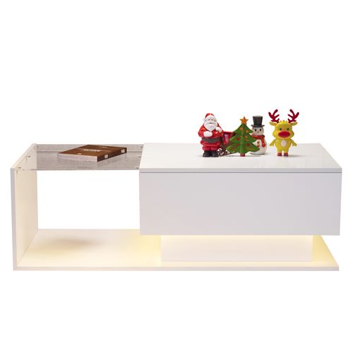 Table Basse Brillante Blanc Avec LED 100x50x32 Cm, Plateau En Verre, 1 Tiroir De Rangement
