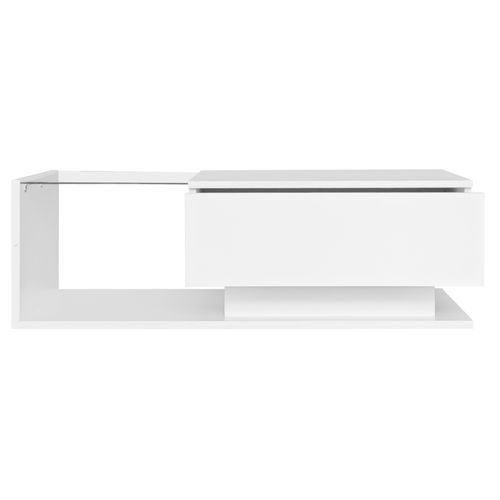 Table Basse Brillante Blanc Avec LED 100x50x32 Cm, Plateau En Verre, 1 Tiroir De Rangement