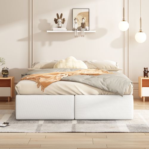 Lit Coffre Adulte 140x200 Cm Avec 2 Tiroirs, Sans Tête De Lit, En Lin, Blanc