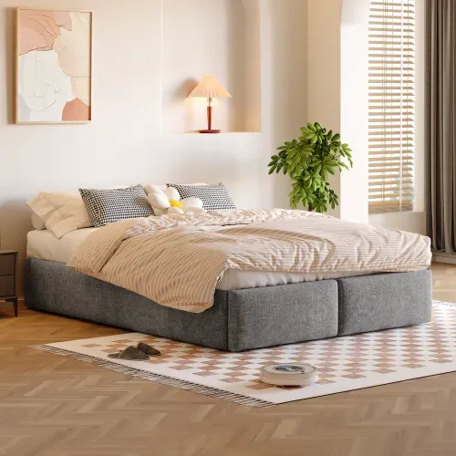 Lit Coffre Adulte 140x200 Cm Avec 2 Tiroirs, Sans Tête De Lit, En Lin, Gris