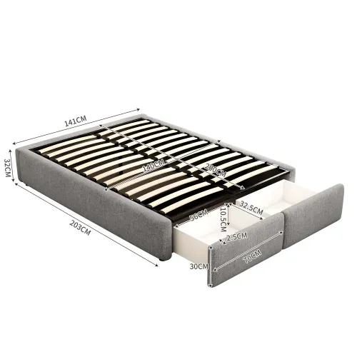 Lit Coffre Adulte 140x200 Cm Avec 2 Tiroirs, Sans Tête De Lit, En Lin, Gris