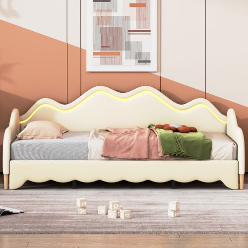 Lit Enfant 90x190 Avec Lit Gigogne Intégré – Velours Beige, LED RGB, Ports USB/Type-C, 2 Tiroirs – Sans Matelas - 10