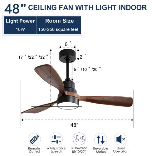 Ventilateur De Plafond 48" (122 Cm), 3 Pales En Bois, Moteur Dc, Silencieux, Télécommande