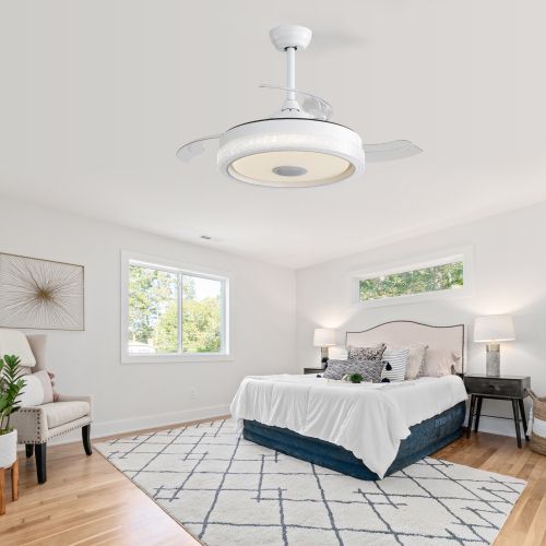 Ventilateur De Plafond 42" (106 Cm) Avec LED, 3 Pales En Abs, Lecteur Bluetooth, Télécommande, Blanc