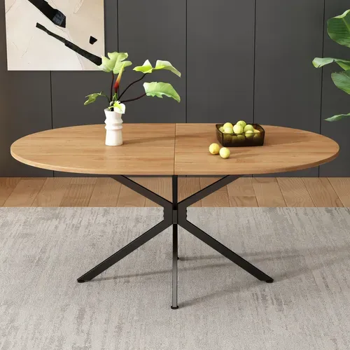 Table à Manger Ovale, Pour 4 à 6 Personnes, Pieds En Métal, Mdf, Naturel, 120×80×75,5 Cm